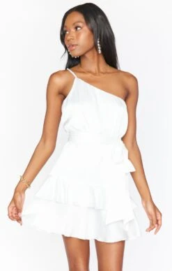 Show Me Your Mumu Superstar Ruffle Mini Dress ~ Ivory Luxe Satin