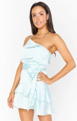 Show Me Your Mumu Superstar Ruffle Mini Dress ~ Mint Luxe Satin -Show Me Your Mumu Sales BM0 0334 MT62 02