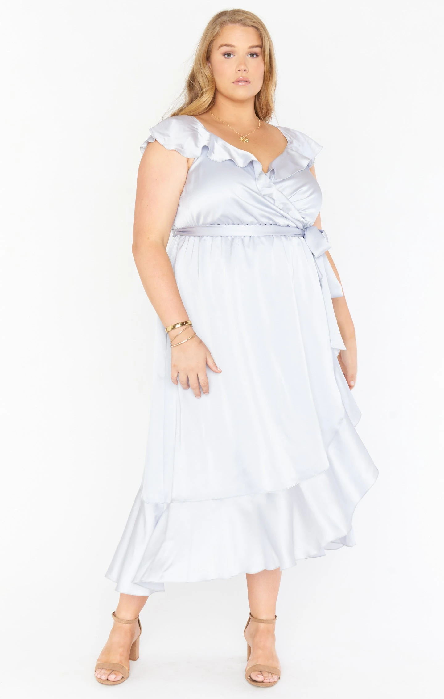 Show Me Your Mumu Samantha Ruffle Wrap Dress ~ Silver Luxe Satin 18 Show Me Your Mumu Samantha Ruffle Wrap Dress ~ Silver Luxe Satin - Image 16