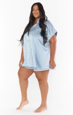 Show Me Your Mumu Best Day Button Up ~ Steel Blue Luxe Satin -Show Me Your Mumu Sales BR2 5310X ST62 02