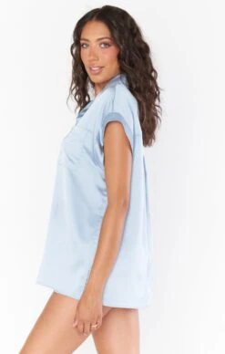 Show Me Your Mumu Best Day Button Up ~ Steel Blue Luxe Satin -Show Me Your Mumu Sales BR2 5310 ST62 04