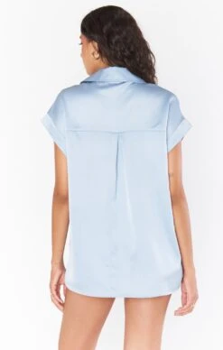 Show Me Your Mumu Best Day Button Up ~ Steel Blue Luxe Satin -Show Me Your Mumu Sales BR2 5310 ST62 05