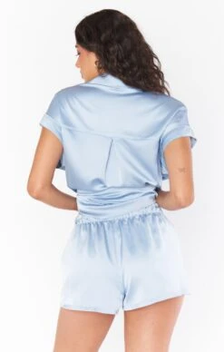 Show Me Your Mumu Glam Time Shorts ~ Steel Blue Luxe Satin -Show Me Your Mumu Sales BR2 5310 ST62 06
