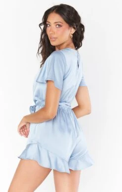 Show Me Your Mumu Say I Do Romper ~ Steel Blue Luxe Satin -Show Me Your Mumu Sales BR2 5311 ST62 03
