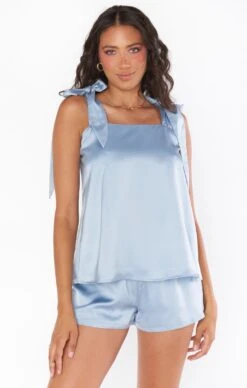 Show Me Your Mumu Makeup Tank ~ Steel Blue Luxe Satin -Show Me Your Mumu Sales BR2 5313 ST62 01