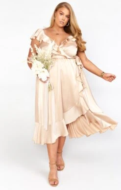Show Me Your Mumu Samantha Ruffle Wrap Dress ~ Champagne Luxe Satin -Show Me Your Mumu Sales BS0 0239NX CH62 01