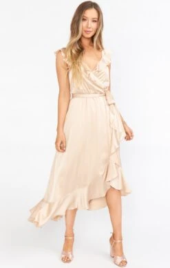 Show Me Your Mumu Samantha Ruffle Wrap Dress ~ Champagne Luxe Satin -Show Me Your Mumu Sales BS0 0239N CH62 04