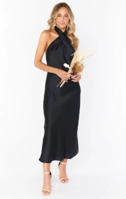 Show Me Your Mumu Jasmine Halter Midi Dress ~ Black Luxe Satin -Show Me Your Mumu Sales BS2 0452 BK62 01
