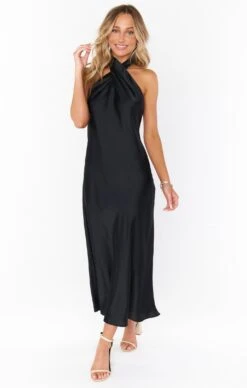Show Me Your Mumu Jasmine Halter Midi Dress ~ Black Luxe Satin -Show Me Your Mumu Sales BS2 0452 BK62 01 1