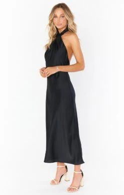 Show Me Your Mumu Jasmine Halter Midi Dress ~ Black Luxe Satin -Show Me Your Mumu Sales BS2 0452 BK62 01 2
