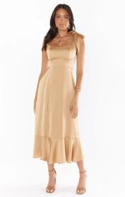 Show Me Your Mumu Claire Midi Dress ~ True Gold Luxe Satin -Show Me Your Mumu Sales BS3 0413S TG62 05