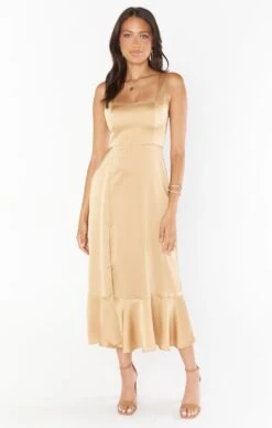 Show Me Your Mumu Claire Midi Dress ~ True Gold Luxe Satin -Show Me Your Mumu Sales BS3 0413S TG62 06