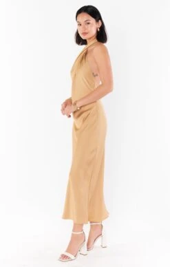 Show Me Your Mumu Jasmine Halter Midi Dress ~ True Gold Luxe Satin -Show Me Your Mumu Sales BS3 0452 TG62 02