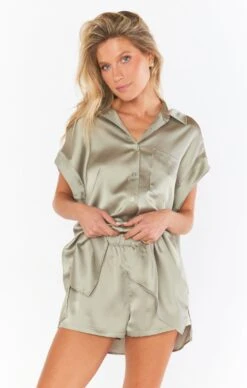 Show Me Your Mumu Glam Time Shorts ~ Moss Green Luxe Satin