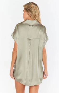 Show Me Your Mumu Best Day Button Up ~ Moss Green Luxe Satin -Show Me Your Mumu Sales BS3 5310 SA62 04
