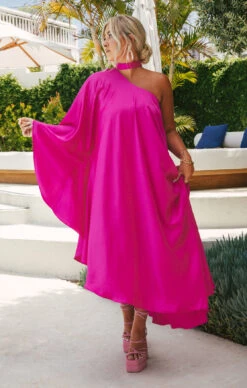 Show Me Your Mumu Rhea One Shoulder Dress ~ Hot Pink Luxe Satin