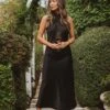 Show Me Your Mumu Jasmine Halter Midi Dress ~ Black Luxe Satin -Show Me Your Mumu Sales DSC 9607