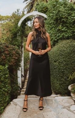 Show Me Your Mumu Jasmine Halter Midi Dress ~ Black Luxe Satin