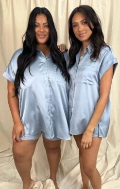 Show Me Your Mumu Best Day Button Up ~ Steel Blue Luxe Satin -Show Me Your Mumu Sales IMG 6071