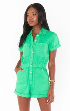 Show Me Your Mumu Cannon Romper ~ Green Denim -Show Me Your Mumu Sales MDM3 629 CI09 02