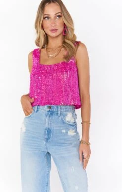 Show Me Your Mumu Tara Crop Top ~ Pink Disco Sequin