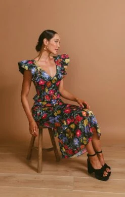 Show Me Your Mumu Lindsay Midi Dress ~ Charm Peony Black Luxe Satin -Show Me Your Mumu Sales MF3 5709 PP62 01