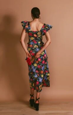 Show Me Your Mumu Lindsay Midi Dress ~ Charm Peony Black Luxe Satin -Show Me Your Mumu Sales MF3 5709 PP62 06