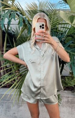 Show Me Your Mumu Best Day Button Up ~ Moss Green Luxe Satin