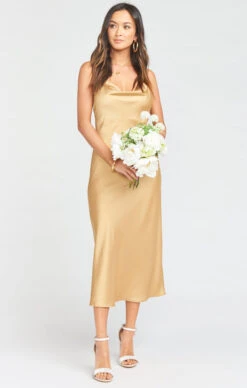 Show Me Your Mumu Verona Cowl Dress ~ True Gold Luxe Satin
