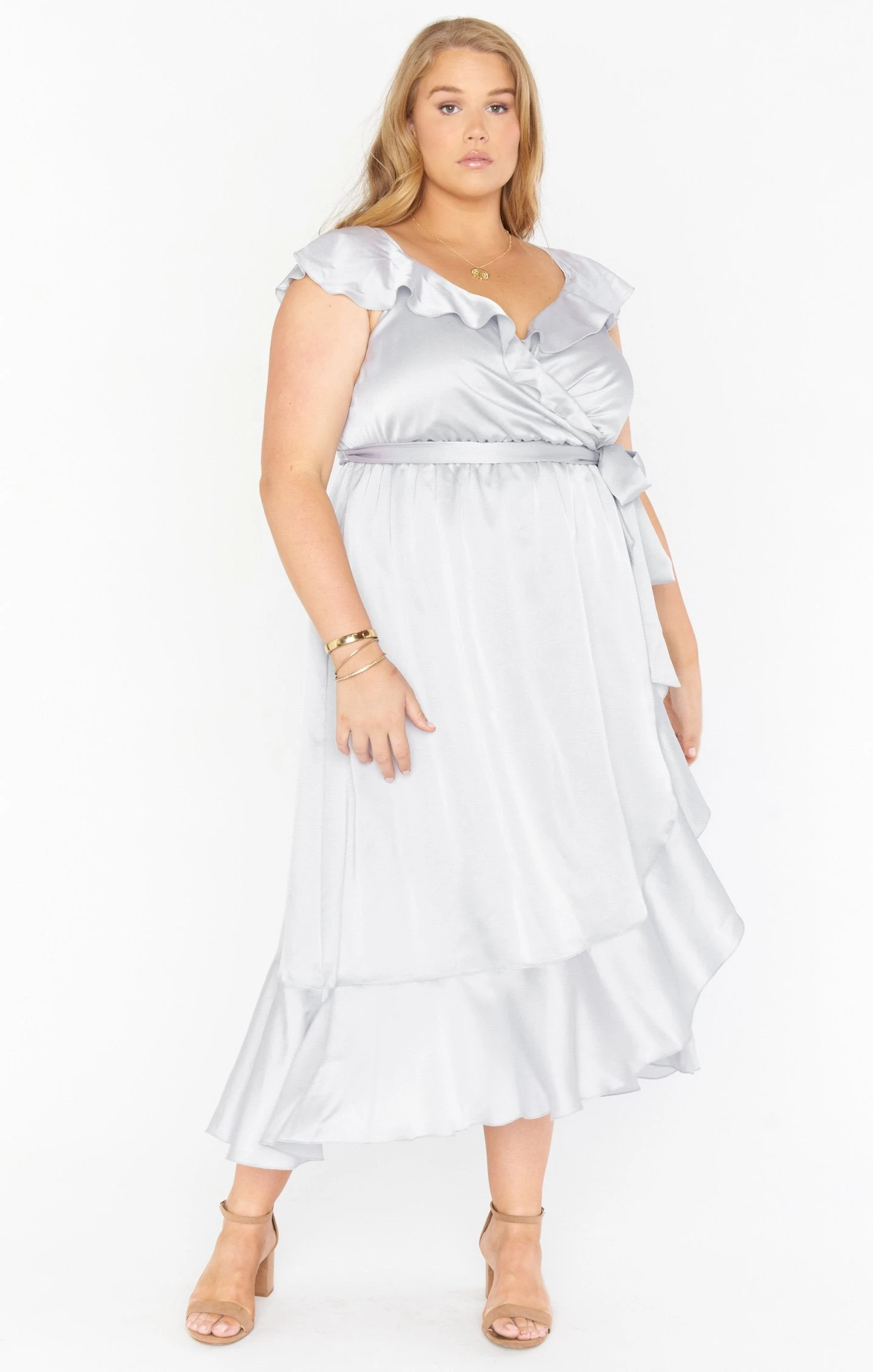 Show Me Your Mumu Samantha Ruffle Wrap Dress ~ Silver Luxe Satin 8 Show Me Your Mumu Samantha Ruffle Wrap Dress ~ Silver Luxe Satin - Image 6