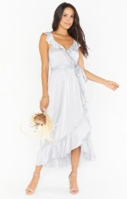 Show Me Your Mumu Samantha Ruffle Wrap Dress ~ Silver Luxe Satin